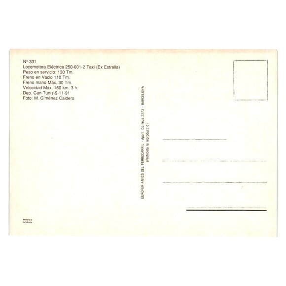 Locomotora Electrica 250 601 2 RENFE Ex Estrella Taxi Postcard Spain Railway - Picture 2 of 2